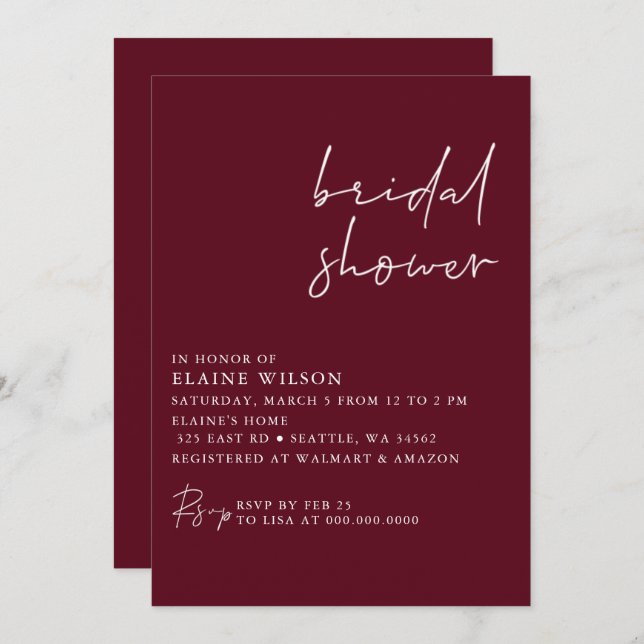 Burgundy Simple Elegant Modern Bridal Shower Invitation (Front/Back)