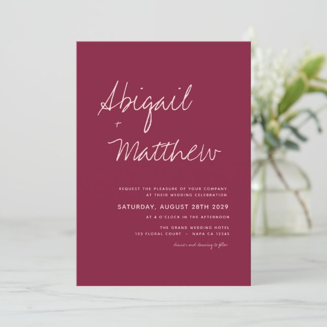 Burgundy Simple Minimalist Modern Wedding  Invitation (Standing Front)