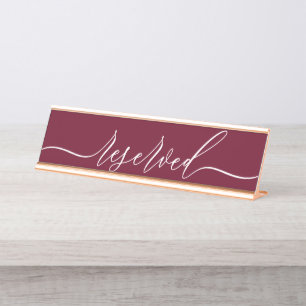 Burgundy Simple Minimalist Script Table Reserved Desk Name Plate