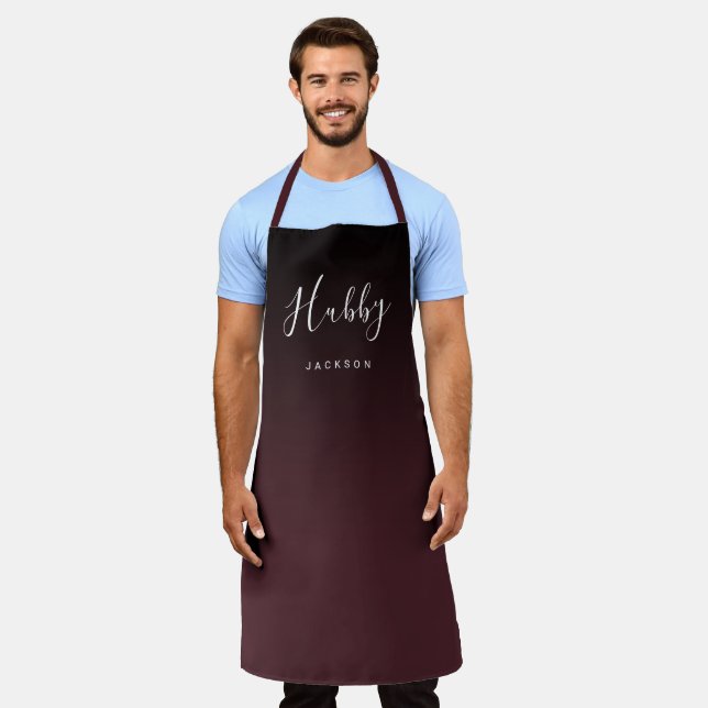 Burgundy simple personalised hubby apron (Worn)