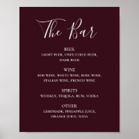 Burgundy simple script wedding drinks bar menu