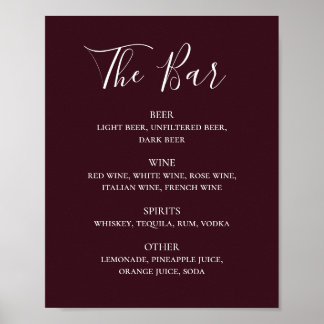 Burgundy simple script wedding drinks bar menu poster