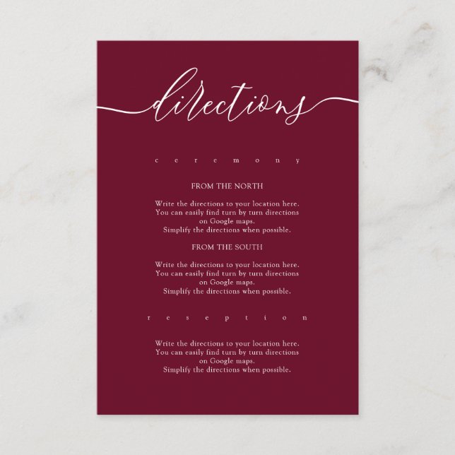 Burgundy Simple Wedding Directions Enclosure Card (Front)