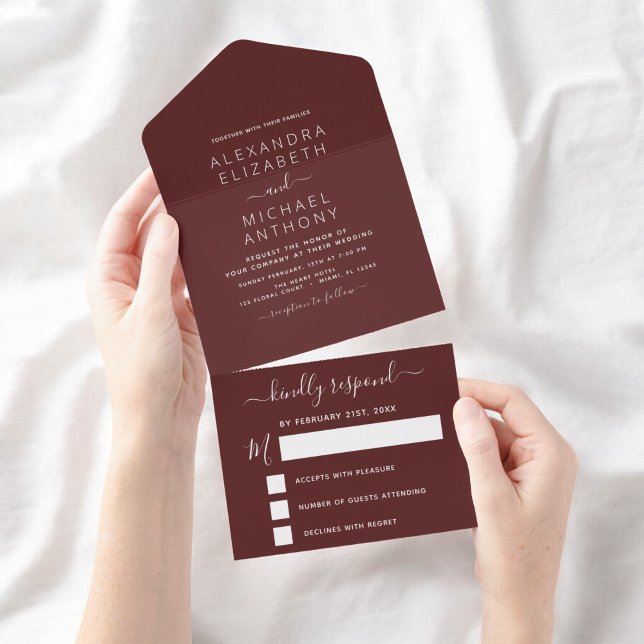 Burgundy Simple Wedding Modern Typography Romantic All In One Invitation (Creator Uploaded)