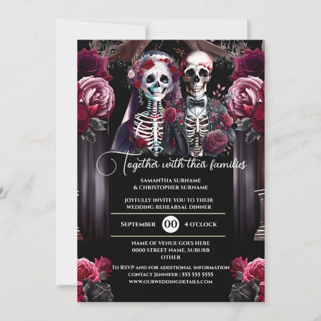 Burgundy skeleton bride groom cathedrall church invitation (Front)
