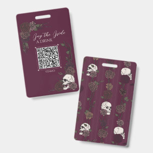 Burgundy Skull Bride Drink QR ID Badge