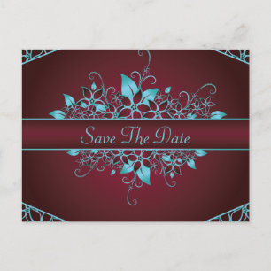 Burgundy Sky Blue Floral Elegant Wedding Announcement Postcard