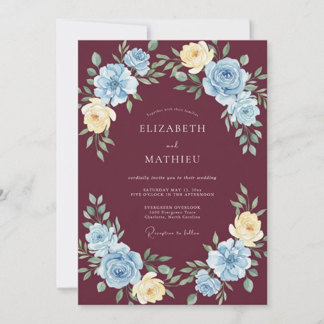 Burgundy Sky Blue Floral Romantic Wedding Invitation (Front)