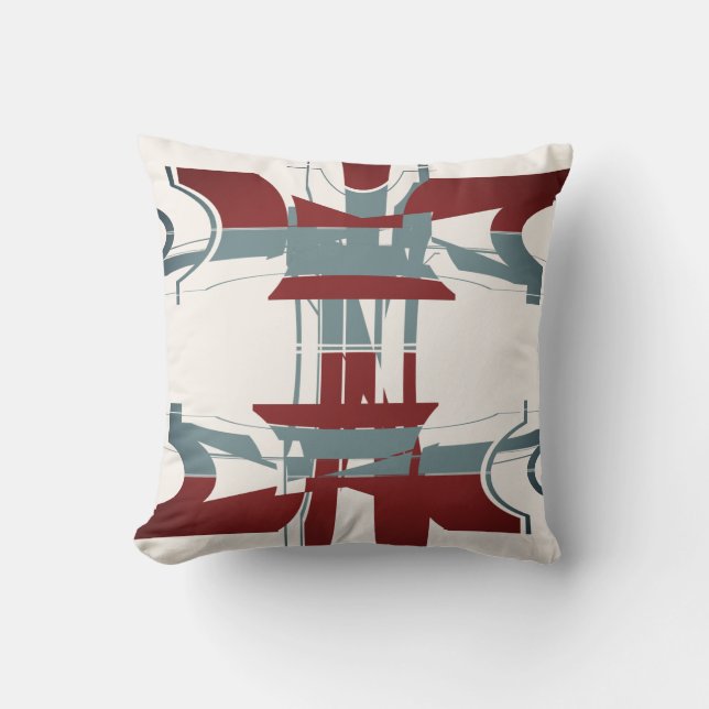 Burgundy Slate Blue Off-White Geometric Art Design Cushion (Front)