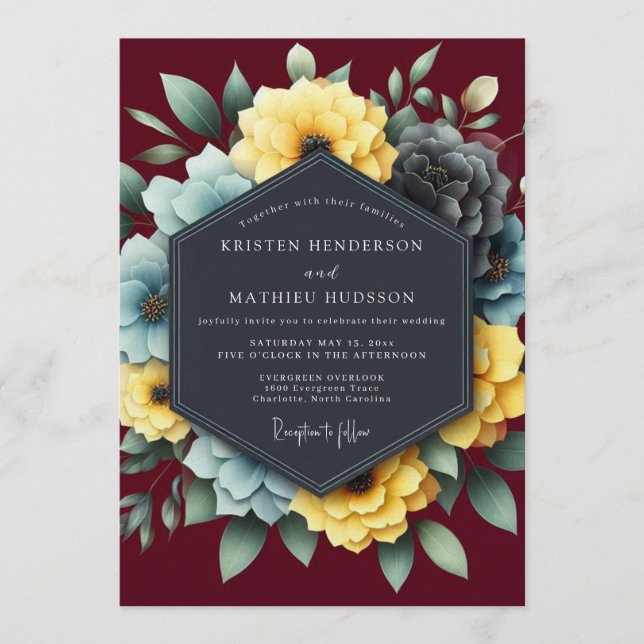 Burgundy & Slate Dramatic Bloom Wedding Invitation (Front)