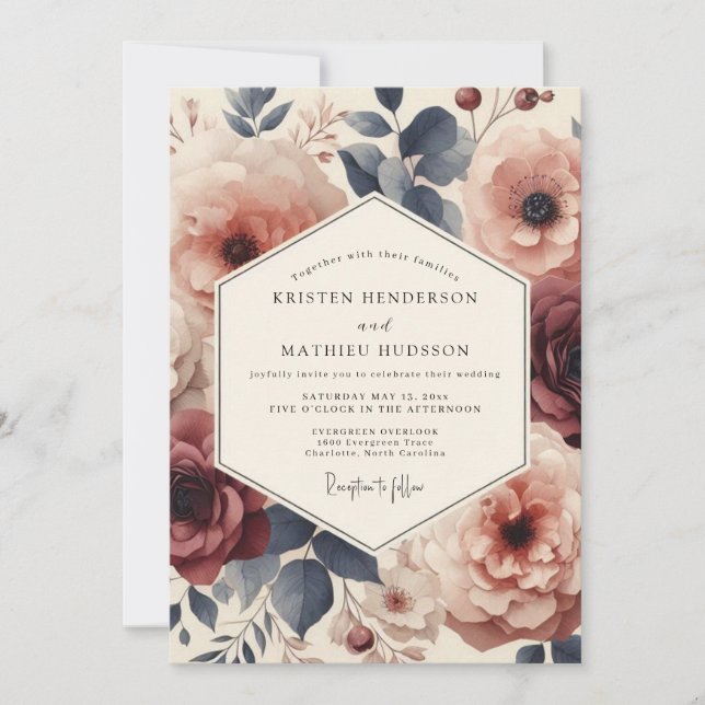 Burgundy Slate Romantic Bloom Wedding Invitation (Front)