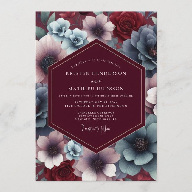 Burgundy Slate Twilight Bloom Wedding Invitation (Front)