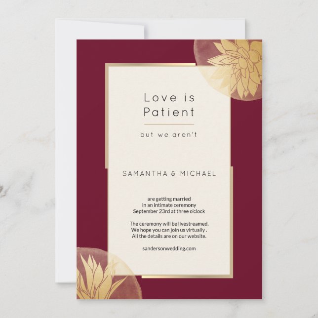 Burgundy Small Downsized Wedding Love is Patient Save The Date (Front)