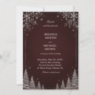 Burgundy Snowfall Evergreen Winter Night Invitation