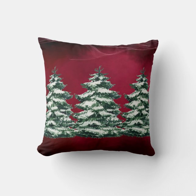Burgundy Snowy Evergreen Trees  Cushion (Front)