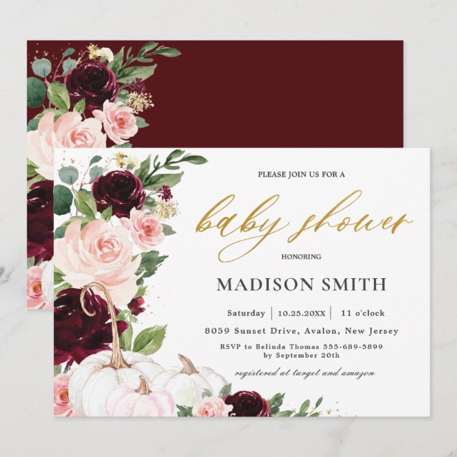 Burgundy Soft Blush Floral Pumpkins Baby Shower    Invitation (Front/Back)