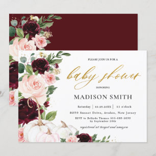 Burgundy Soft Blush Floral Pumpkins Baby Shower    Invitation