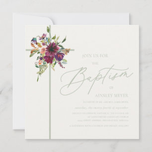 Burgundy & Soft Green Floral Cross Baptism Invitation