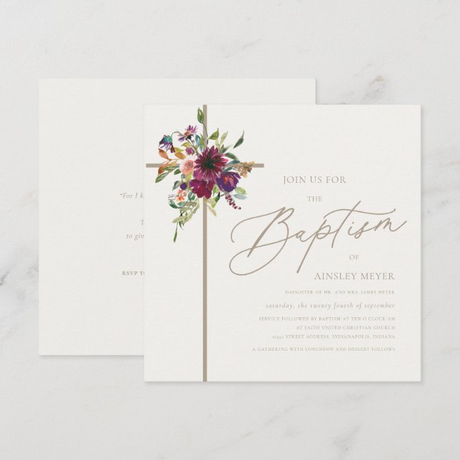 Burgundy & Soft Ivory Floral Cross Baptism Invitation (Front/Back)