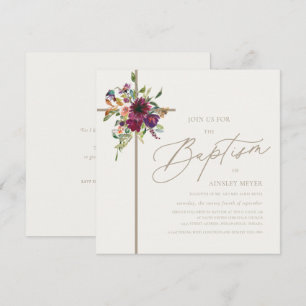 Burgundy & Soft Ivory Floral Cross Baptism Invitation