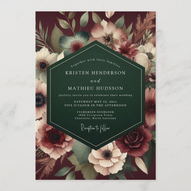 Burgundy Somber Floral Wedding Invitation (Front)