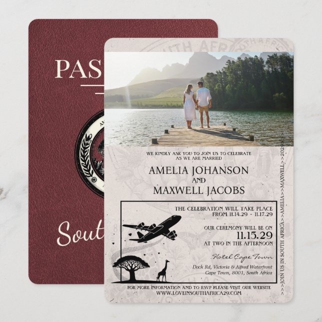Burgundy South Africa Passport Wedding Invitation (Front/Back)
