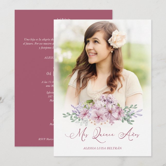 Burgundy Spanish Mis XV Años Photo Floral Garland (Front/Back)