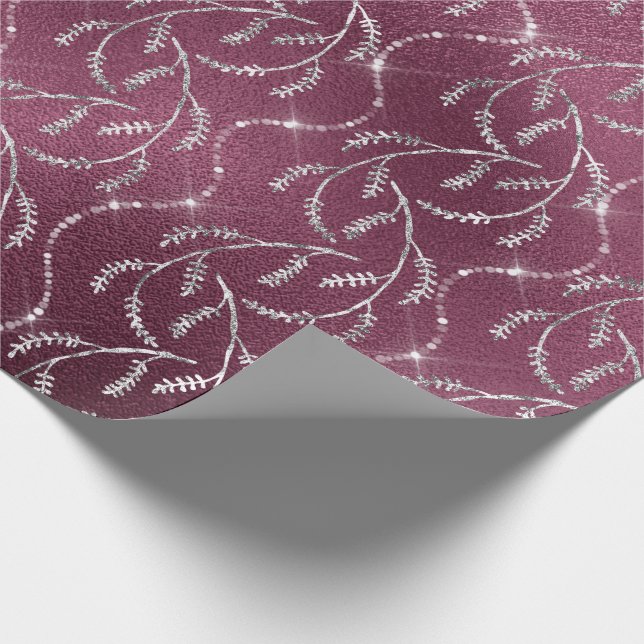 Burgundy Spark Foil Floral Silver Gray Beetroot Wrapping Paper (Corner)