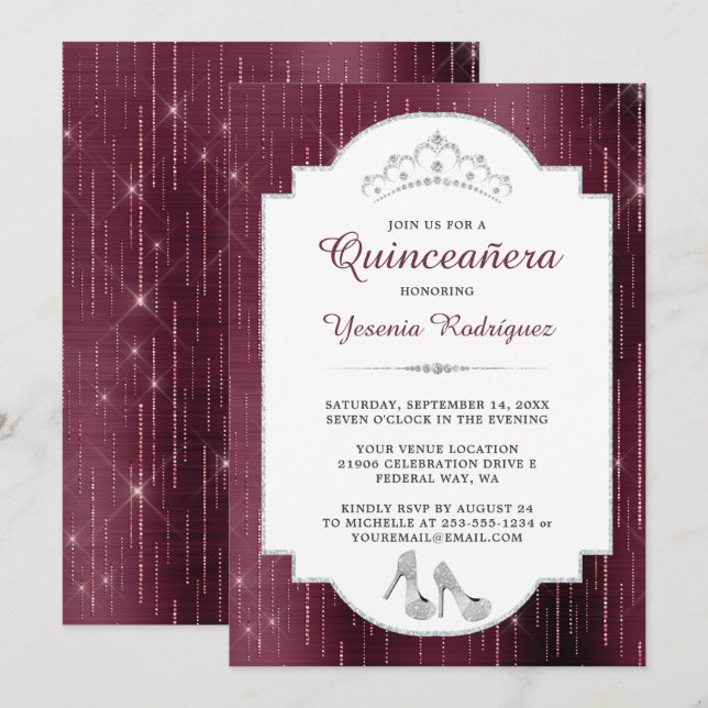 Burgundy Sparkle Diamond Tiara Quinceañera Invitation (Front/Back)
