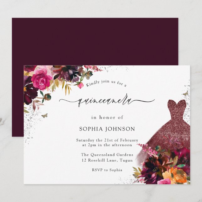 Burgundy Sparkle Dress Floral Quinceanera Party Invitation (Front/Back)