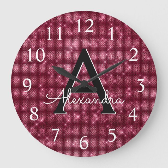 Burgundy Sparkle Shimmer Monogram Name & Initial Large Clock (Front)