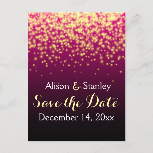 Burgundy sparkling lights wedding Save the Date Announcement Postcard (Front)