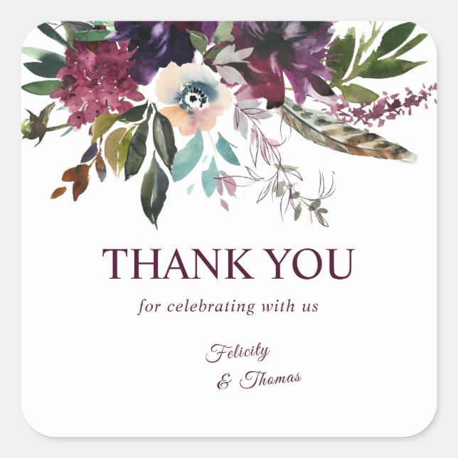 Burgundy Splendor Boho Floral White Thank You Square Sticker (Front)