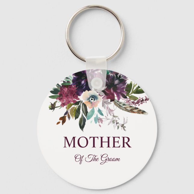Burgundy Splendor Floral White Mother Of The Groom Key Ring (Front)