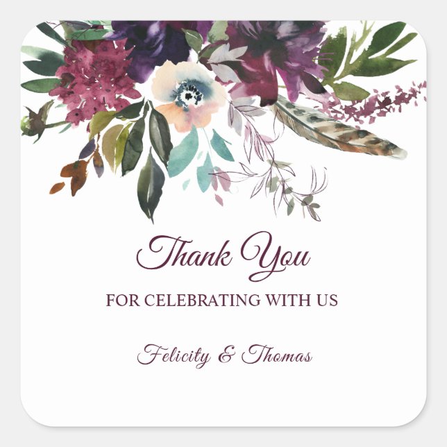 Burgundy Splendor Floral White Thank You Square Sticker (Front)