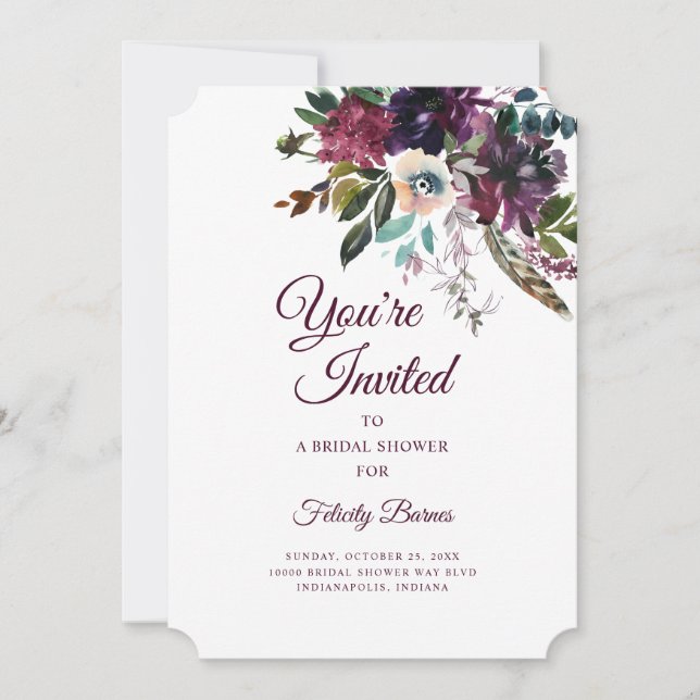 Burgundy Splendour Boho Floral Bridal Shower Invitation (Front)