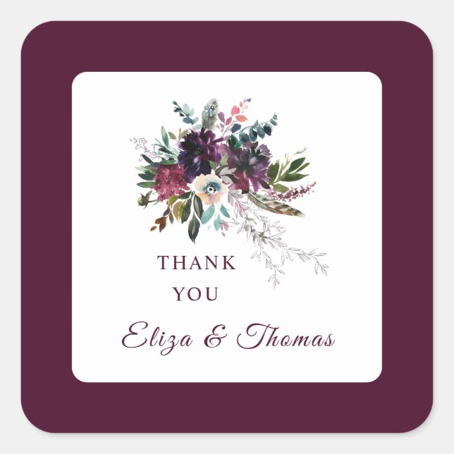 Burgundy Splendour Boho Floral Wedding Thank You Square Sticker (Front)