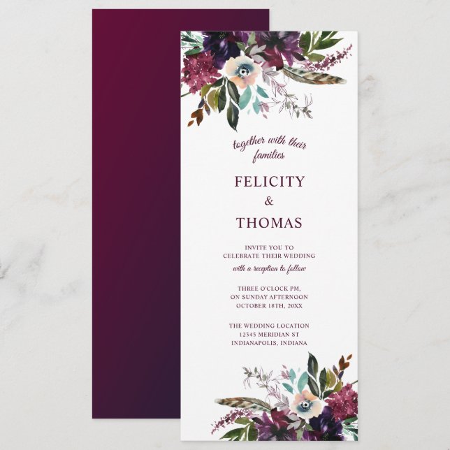 Burgundy Splendour Boho Florals White Wedding Invitation (Front/Back)