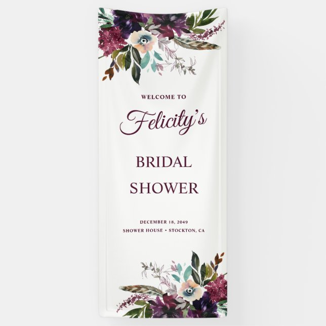 Burgundy Splendour Floral White Bridal Shower Banner (Vertical)