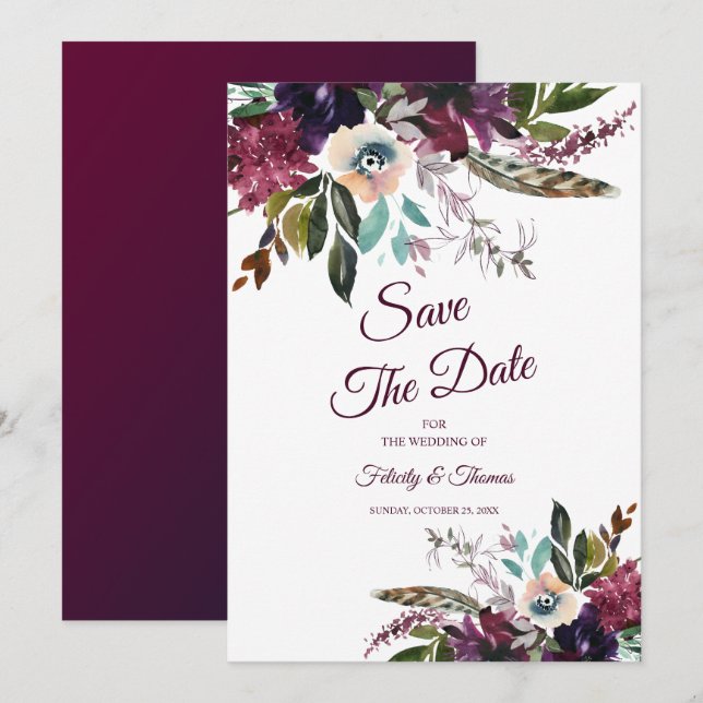 Burgundy Splendour Floral White Save The Date Invitation (Front/Back)
