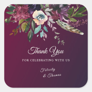 Burgundy Splendour Watercolor Floral Thank You Square Sticker