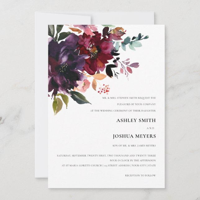 Burgundy Splendour Watercolor Floral Wedding Invitation (Front)