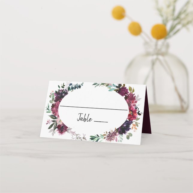 Burgundy Spring and Floral Wedding Place Card (Front)