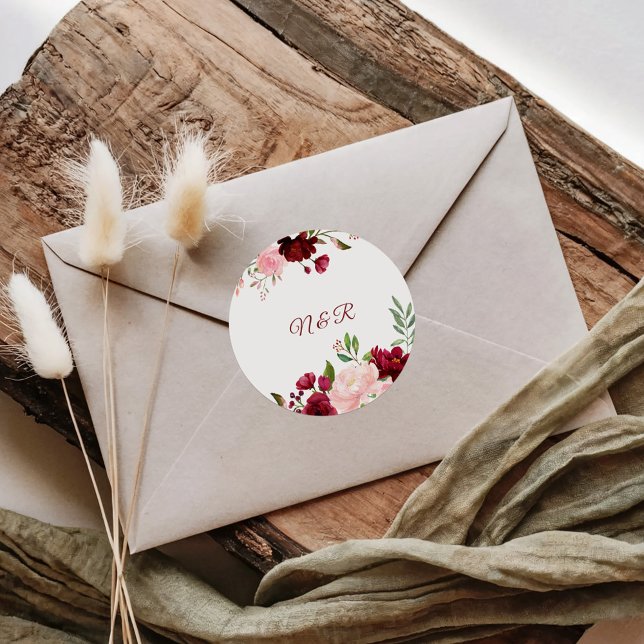 Burgundy Spring Elegant Floral Wedding Envelope Classic Round Sticker (Creator Uploaded)