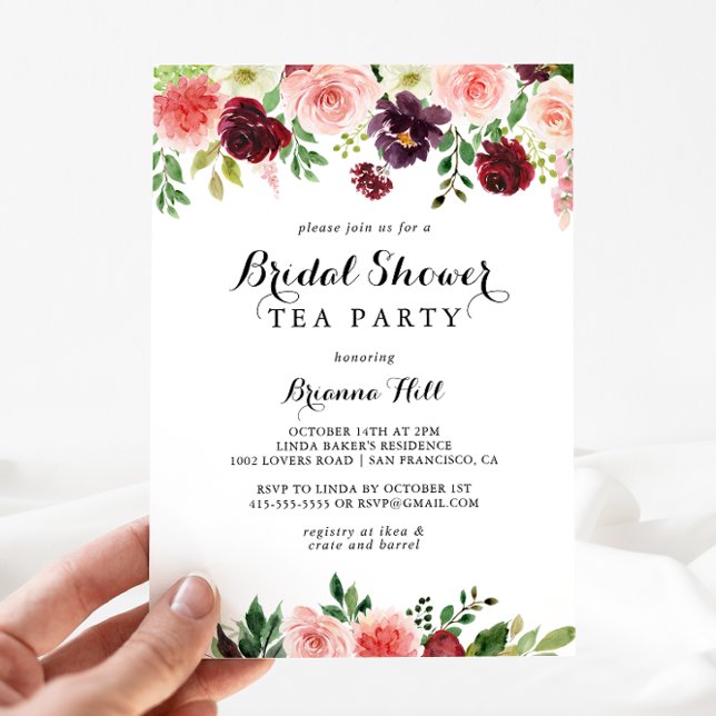 Burgundy Spring Floral Bridal Shower Tea Party Invitation (Creator Uploaded)