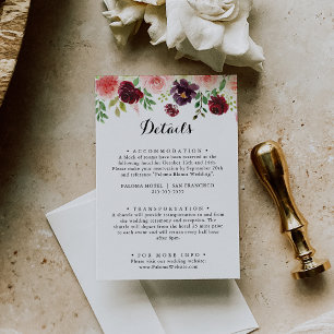 Burgundy Spring Floral Calligraphy Wedding Details Enclosure Card