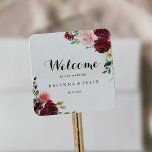 Burgundy Spring Floral Calligraphy Wedding Welcome Square Sticker<br><div class="desc">This burgundy spring floral calligraphy wedding welcome square sticker is perfect for a modern wedding. The hand-painted design features green leaves,  dazzling pink,  blush,  purple,  red,  white and burgundy dazzling roses,  peonies neatly arranged in small cute bouquets.

These labels are perfect for hotel guest welcome bags and destination weddings.</div>