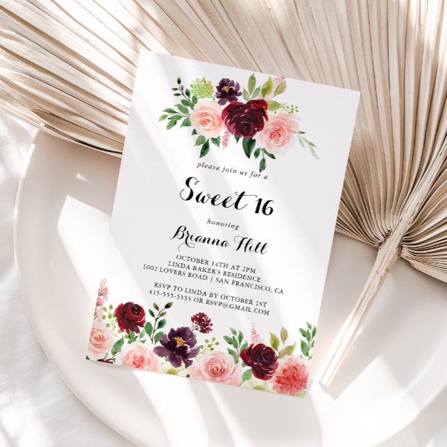 Burgundy Spring Floral Sweet 16 Birthday Party Invitation (Creator Uploaded)