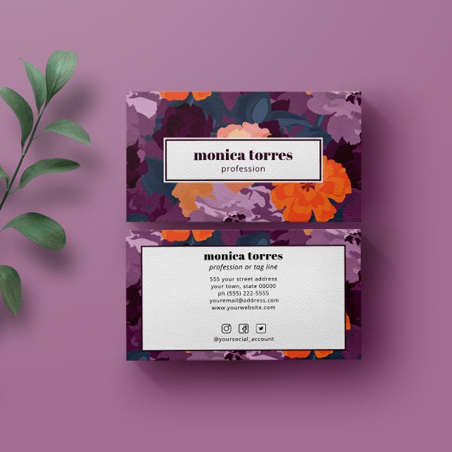 Burgundy Spring Flowers Orange Purple Social Icons Business Card (Creator Uploaded)