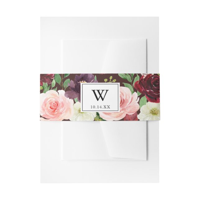 Burgundy Spring Monogram Wedding Invitation Belly Band (Front Example)